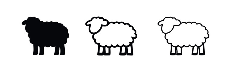 Wooly sheep icon set in three different styles: solid silhouette, bold outline, and thin line art on a white background. Farm animal vector. © liubomir118809