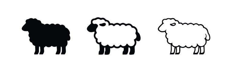Sheep icon set in three different styles: solid silhouette, bold outline, and thin line art on a white background. Farm animal vector illustration. © liubomir118809