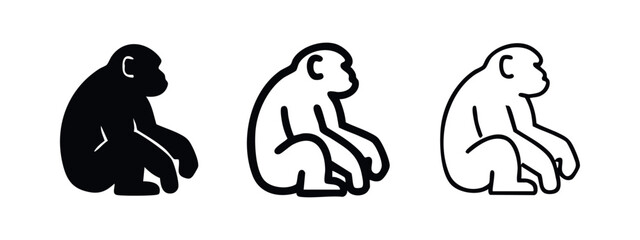Sitting monkey icon set. Primate animal silhouette and outline collection. Jungle wildlife graphic vector illustration. © liubomir118809