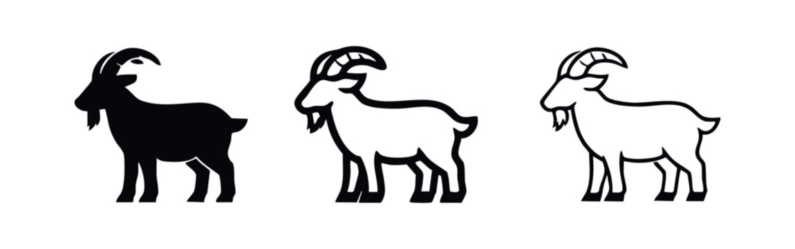 Bearded goat icon set in three different styles: solid silhouette, bold outline, and thin line art on a white background. Farm animal vector.