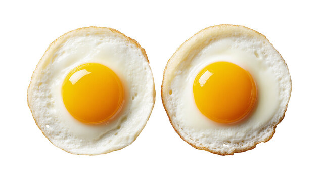 Isolated two perfectly cooked fried eggs sunny side up, delicious and healthy breakfast food