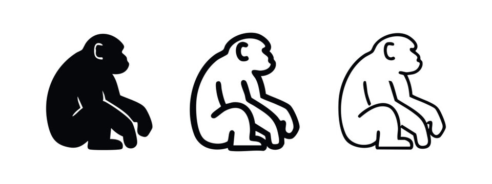 Sitting monkey icon set. Primate animal silhouette and outline collection. Jungle wildlife graphic vector illustration.