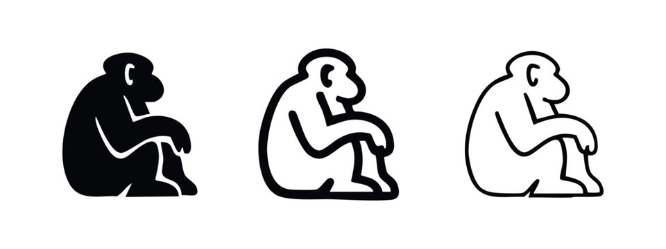 Huddled monkey icon set. Primate animal silhouette and outline collection. Jungle wildlife graphic vector illustration.