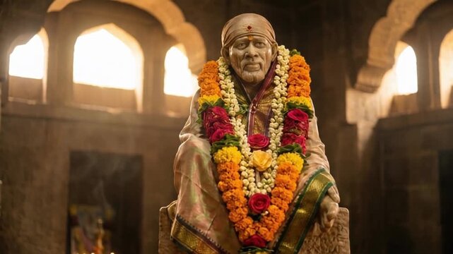 Elegant closeup view of Sai Baba sacred religious idol beautifully decorated with flowers resting inside a temple, ideal for cultural documentary filmmaking.