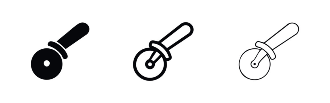 Pizza cutter icon set. Kitchen utensil and food preparation tool symbol.