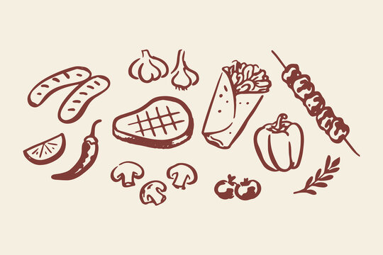 Grill food elements set outline sketch vector illustration