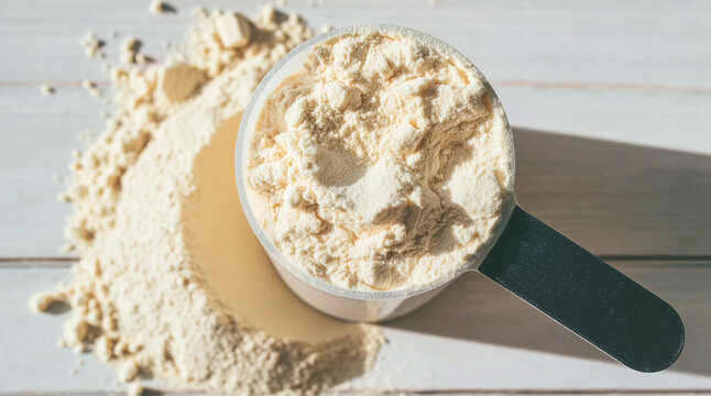 Scoop filled with bovine colostrum powder on light wooden surface, soft natural light, minimal clean aesthetic, fine texture in focus, modern wellness supplement concept