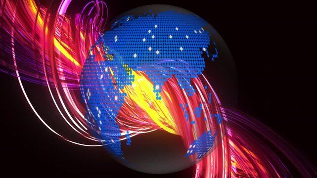 Dotted globe rotating in black void, ribbons entering left lighting nodes, showing global tech flow