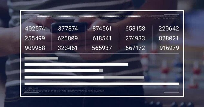 Hands and torso tapping phone in lounge, causing HUD analytics updating and progress bars filling
