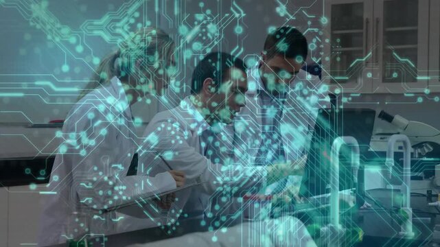 Teal overlay thinning revealing team of 3 adjusting microscope pointing writing to analyze sample