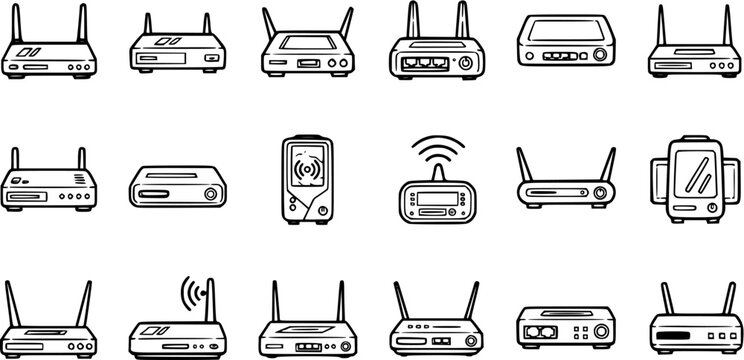 Technology Internet Networking Routers and Modems Line Art Icons Set. Black and White Outline Wi-Fi Devices and Network Hardware Vector Collection.