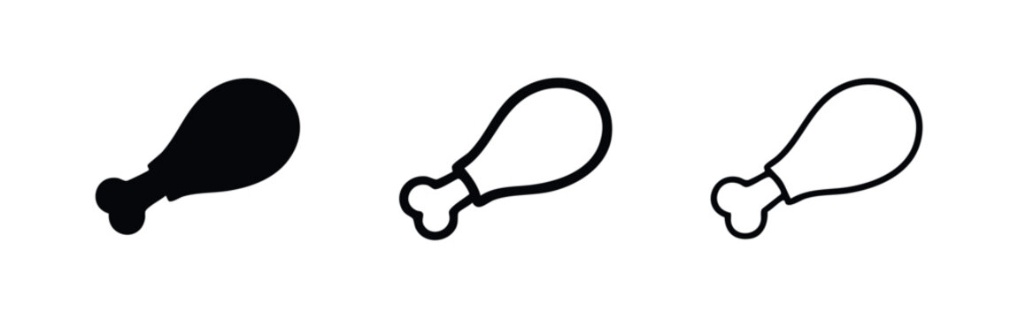 Chicken drumstick icon set. Fried chicken leg symbol in different styles. Food and cooking concept.