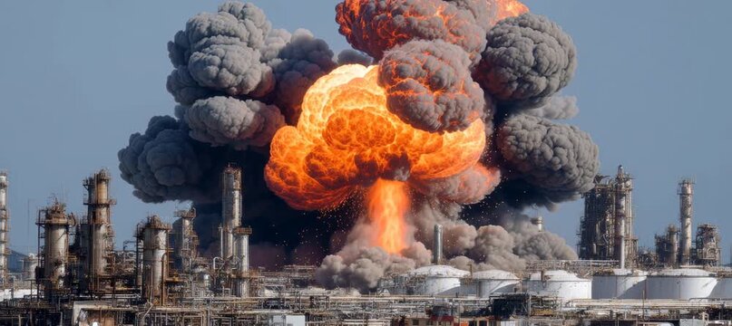Bomb explosion at oil refinery plant. Industrial environmental pollution and toxic hazard. Generative video AI technology.	
