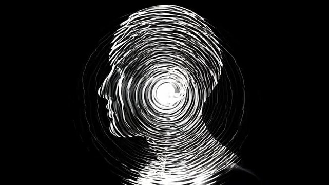 Human silhouette abstract spiral digital art mind concept white light circular pattern mental health psychology meditation inner focus modern illustration glitch profile head digital human silhouette