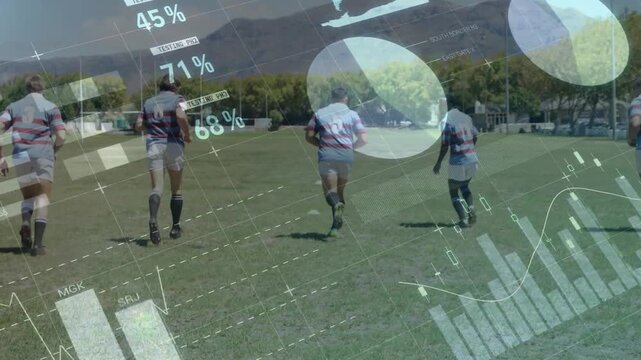 Rugby players starting drill, moving downfield, player carrying ball, HUD charts overlaying field