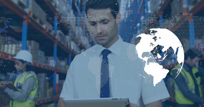 Shifting globe graphic, lead in white shirt, tie tapping tablet, scanning racks in depot for stock