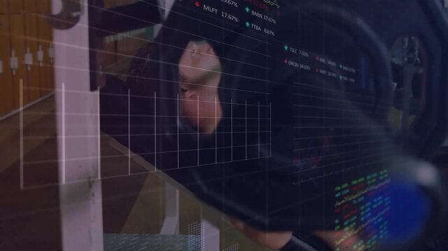 Male athlete securing grip, pressing barbell on Smith rack in gym, HUD charts tracking metrics