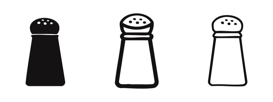 Salt shaker icon set with various styles, ideal for kitchen, restaurant, and food industry designs.