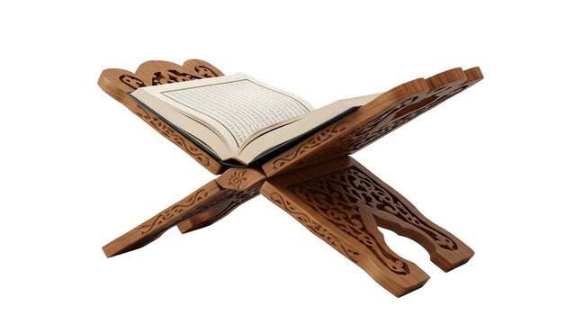 A wooden Quran stand with an open book on transparent background