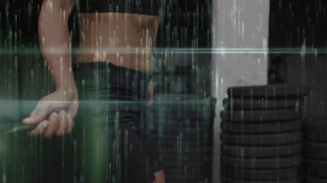 Woman starting jump rope wristspin, streaks across frame as camera rises showing plates for fitness
