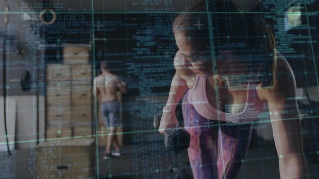 Vertical video: woman doing dumbbell rows for fitness, camera shifting HUD grid obscuring subjects