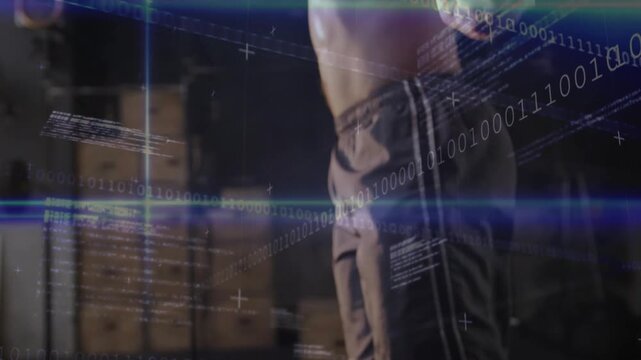 On cue athlete skipping rope, shifting tight torso and hand shots with binary overlays, training