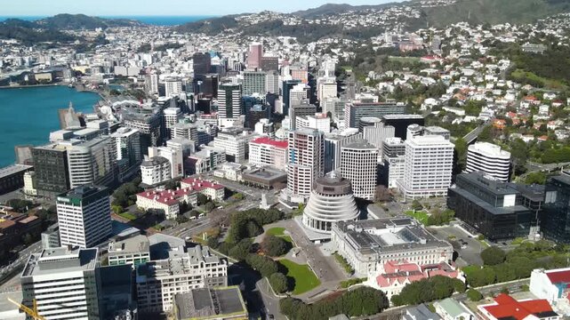 Beehive and New Zealand Parliament Buildings in Wellington Central. Aerial cityscape