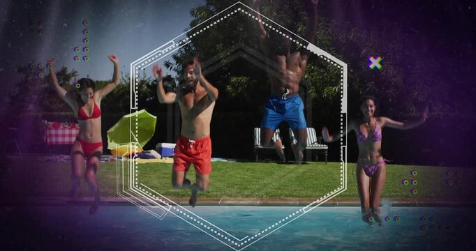 Four friends crouching then jumping into pool on hexagon overlay appearing, celebrating splashes