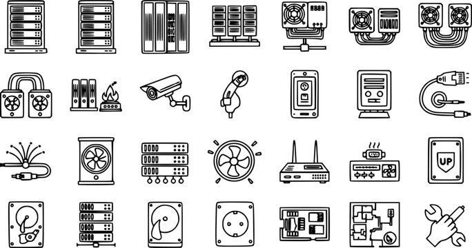 Data Center  IT Infrastructure Black and White Line Art Icons: Server Hardware, Networking Devices, Storage, Cooling  Security Glyphs