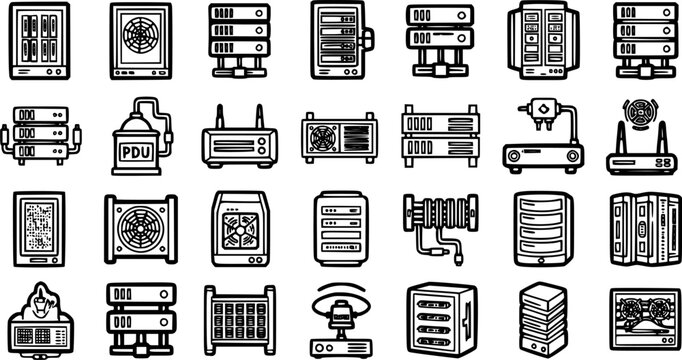 Technology Icons: Black and White Line Art of Server Racks, PDUs, Routers, and Computer Components