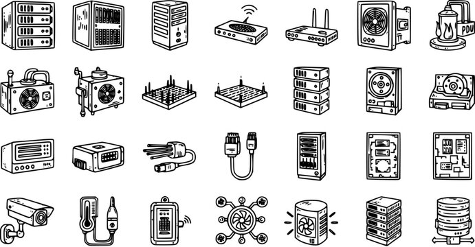 Black and White Line Art Hand Drawn Technology Icons Set - Computer Hardware, Networking, Servers, and Data Center Equipment Doodle Collection