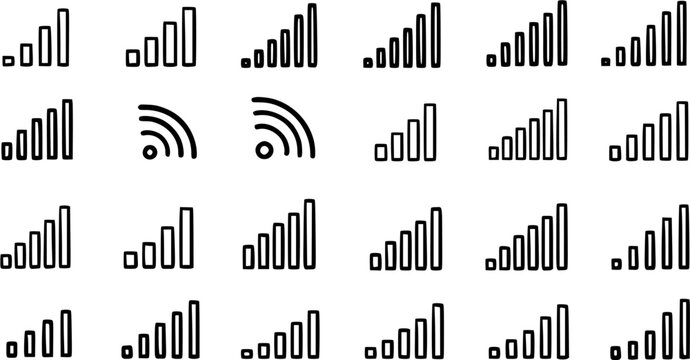 Black and White Line Art Icons of Signal Strength Bars and Wi-Fi Symbols