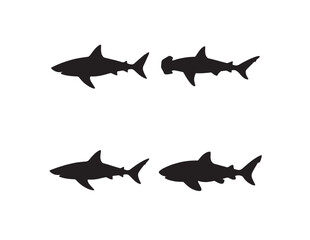Fototapeta premium Shark silhouette vector set, four distinct shark species icons, black marine predator graphics for ocean conservation and aquatic themes