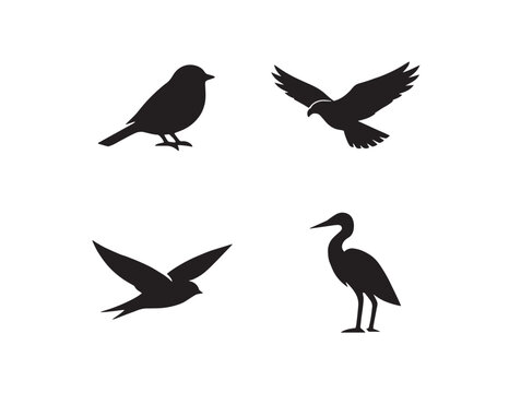 Elegant bird silhouettes vector set, diverse avian species, black sparrow, eagle, swallow, and heron icons, nature and wildlife graphic resources for branding and design projects