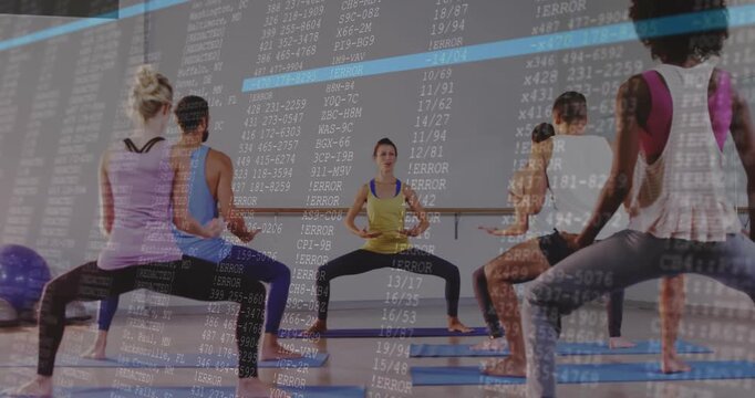 Instructor leading barre fitness on blue mats, overlay appearing with progress bars tracking motion