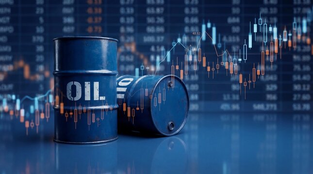 Oil barrels with stock market charts and graphs in the background showing fluctuating energy prices and market trends in the oil industry today