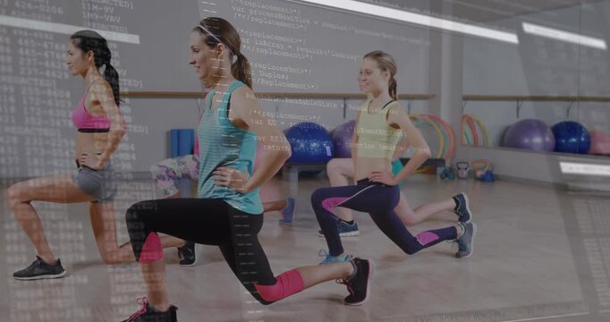 Female fitness group lunging forward in studio wearing athletic wear with code overlay and barre