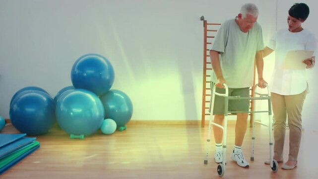Patient shifting weight and taking walker steps after therapy cue, notes tracking balance training