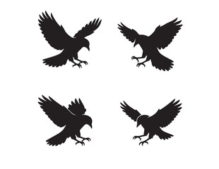 Obraz premium Dynamic raven silhouette vector set, four distinct black bird illustrations in flight, perfect for logo design, nature themes, or gothic aesthetics