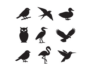 Fototapeta premium Diverse bird silhouette vector collection, nine distinct avian species icons, black animal graphics for nature and wildlife designs, minimal bird illustrations for branding and educational