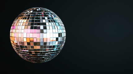 Obraz premium mirror tile shimmer Shimmering disco ball with reflective mirror tiles glowing against deep dark background vibrant party light retro nightlife atmosphere