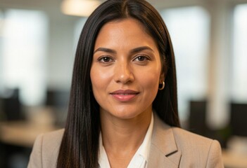 Fototapeta premium close up business woman, straight hair, blurred office, sharp facial detail, neutral blazer, warm skin tones