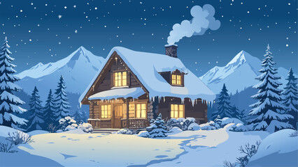 Fototapeta premium Cozy log cabin at night in snowy mountains