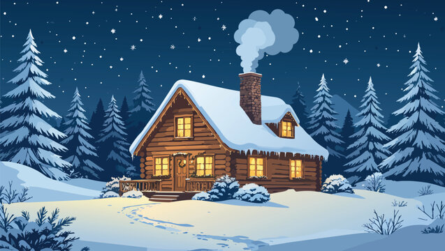 Cozy log cabin in snowy winter forest at night