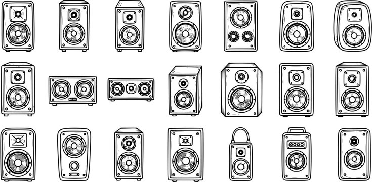 Black and White Line Art of Various Speaker Icons and Illustrations, Audio Equipment