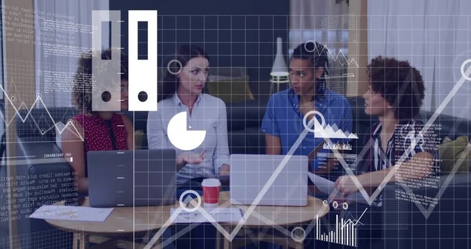 Lead woman speaking, team watching as cloud map bar charts growing over table for business planning