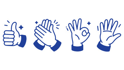 Obraz premium A series of hand gestures thumbs up clapping three fingers and open palm
