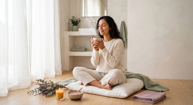 Serene woman enjoying mindful self-care morning ritual with herbal tea and aromatherapy in bright minimalist bathroom
