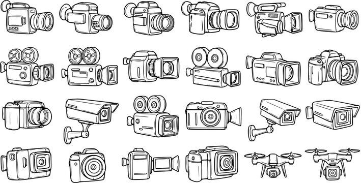 Hand Drawn Camera Vector Set: Black and White Line Art Icons of Photography, Video, Surveillance, and Drone Cameras for Technology and Media Projects