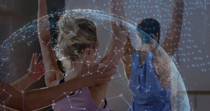 Dance student repeating arms-up coach guiding shoulder fixing posture animated globe spanning scene